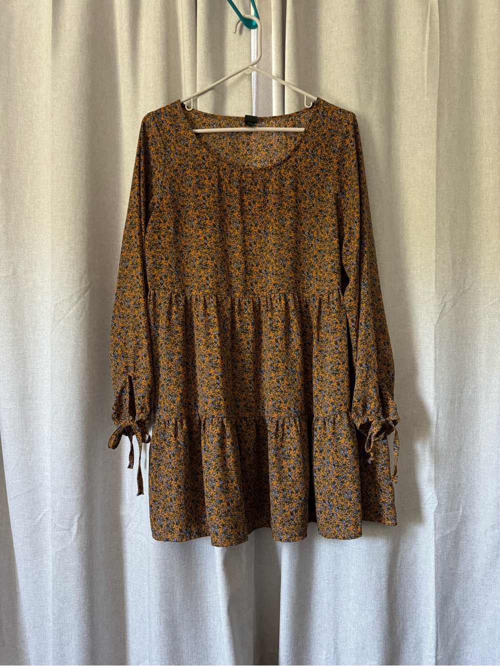 Wild Fable Mustard Floral Tiered Long Sleeve Mini Dress
